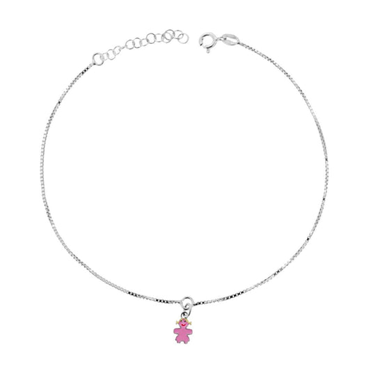 Cavigliera Catena Veneziana Diamantata cm 24+3 con Bimba smalto Rosa in ARGENTO 925 Galvanica Rodio