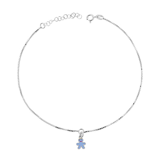 Cavigliera Catena Veneziana Diamantata cm 24+3 con Bimbo smalto Azzurro in ARGENTO 925 Galvanica Rodio