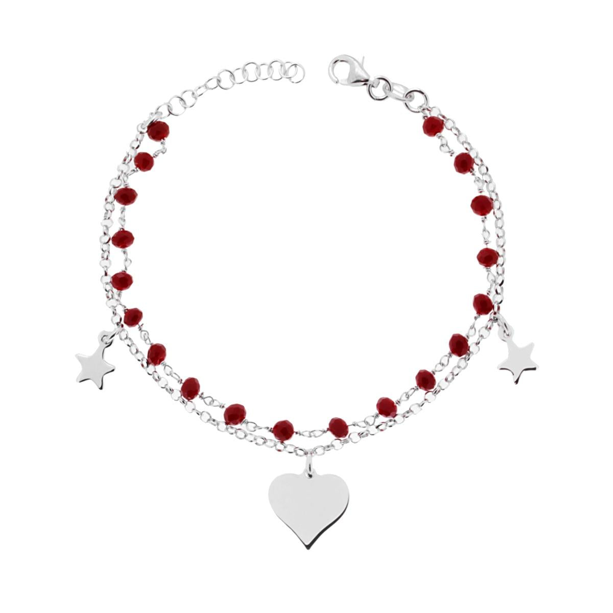 Bracciale due fili Catena Crystal Rosso e Catena Rolo Diamantata con Cuore e Stelle plain pendenti in ARGENTO 925 Galvanica Rodio