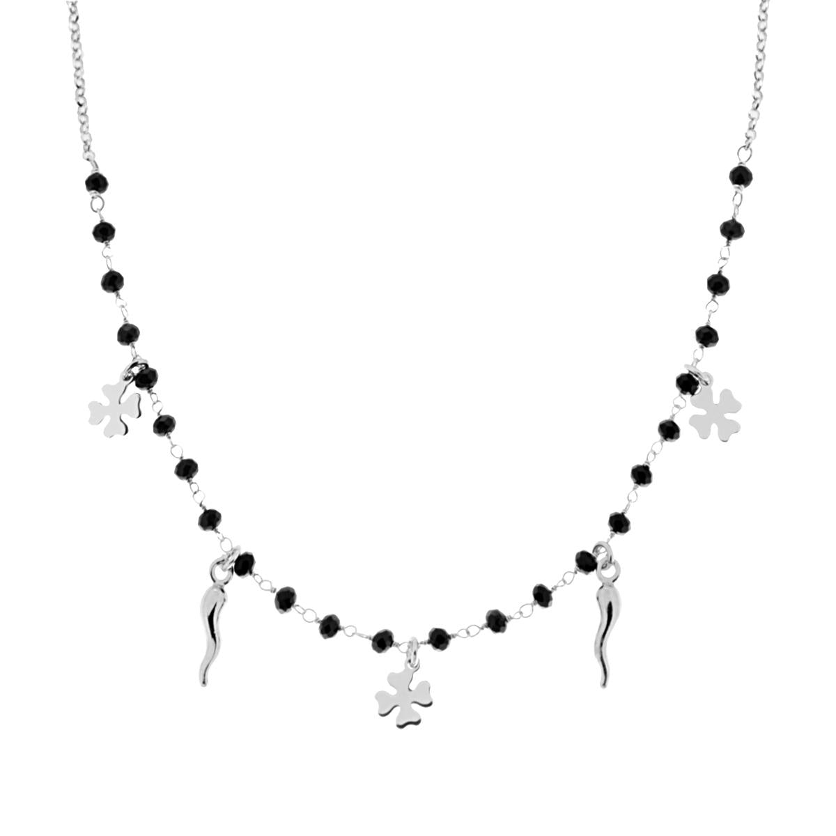 Collana Catena Rolo con Crystal Nero Corni Portafortuna e Quadrifogli plain in ARGENTO 925 Galvanica Rodio