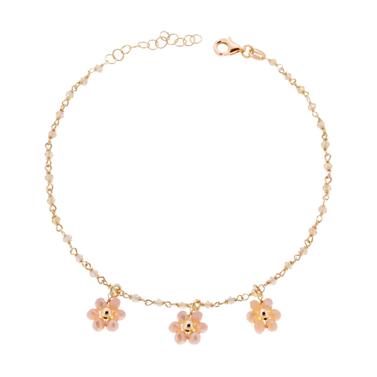 Cavigliera Catena con Fiori Crystal Rosa Cipria in ARGENTO 925 Galvanica Oro