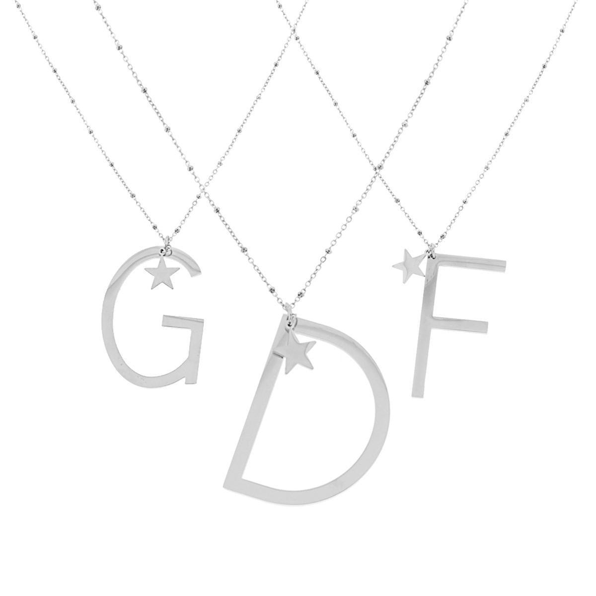 Collana Lunga Catena Forzatina con Palline cm 90 Stella plain e Lettera Iniziale in ACCIAIO