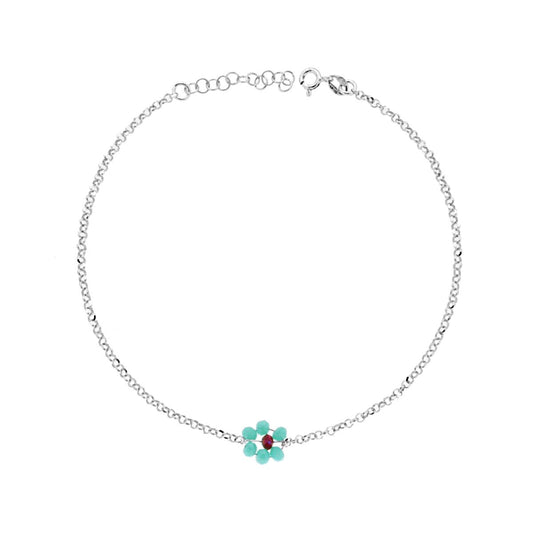 Cavigliera Catena Rolo Diamantata con Fiore Crystal Turchese e Bordeaux in ARGENTO 925 Galvanica Rodio