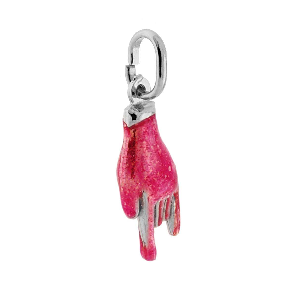 Ciondolo Portafortuna Mano Corna con Smalto glitter Fucsia in ARGENTO 925 Galvanica Rodio