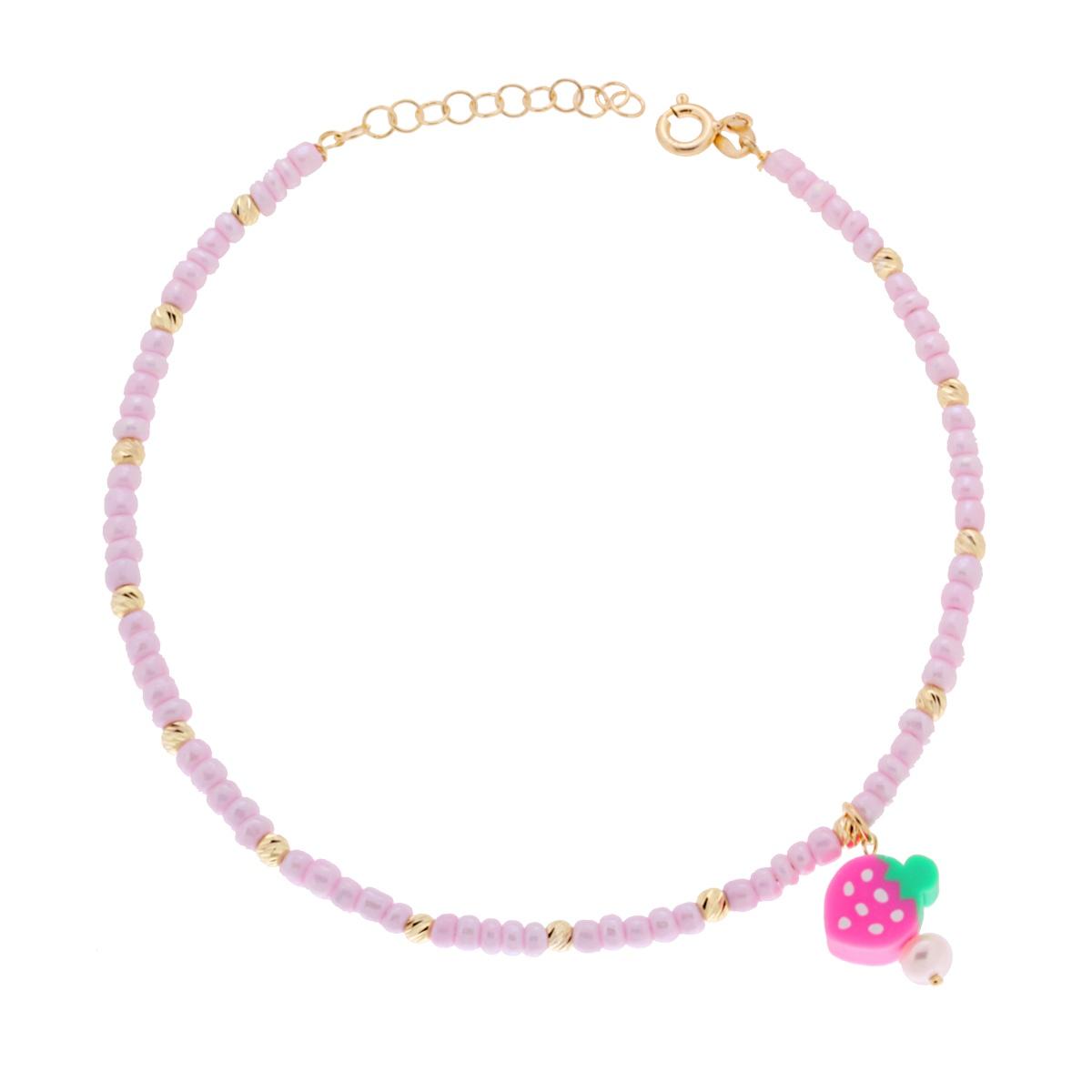 Cavigliera con Perline Rosa e palline Diamantate con Fragola pvc e Perla pendente in ARGENTO 925 Galvanica Oro