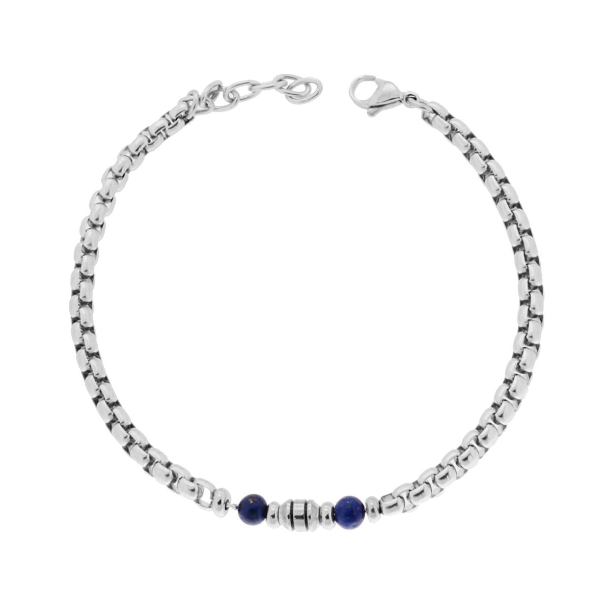 Bracciale Catena Veneziana Tonda con Accessori e Palline Blu Lapislazzuli in ACCIAIO