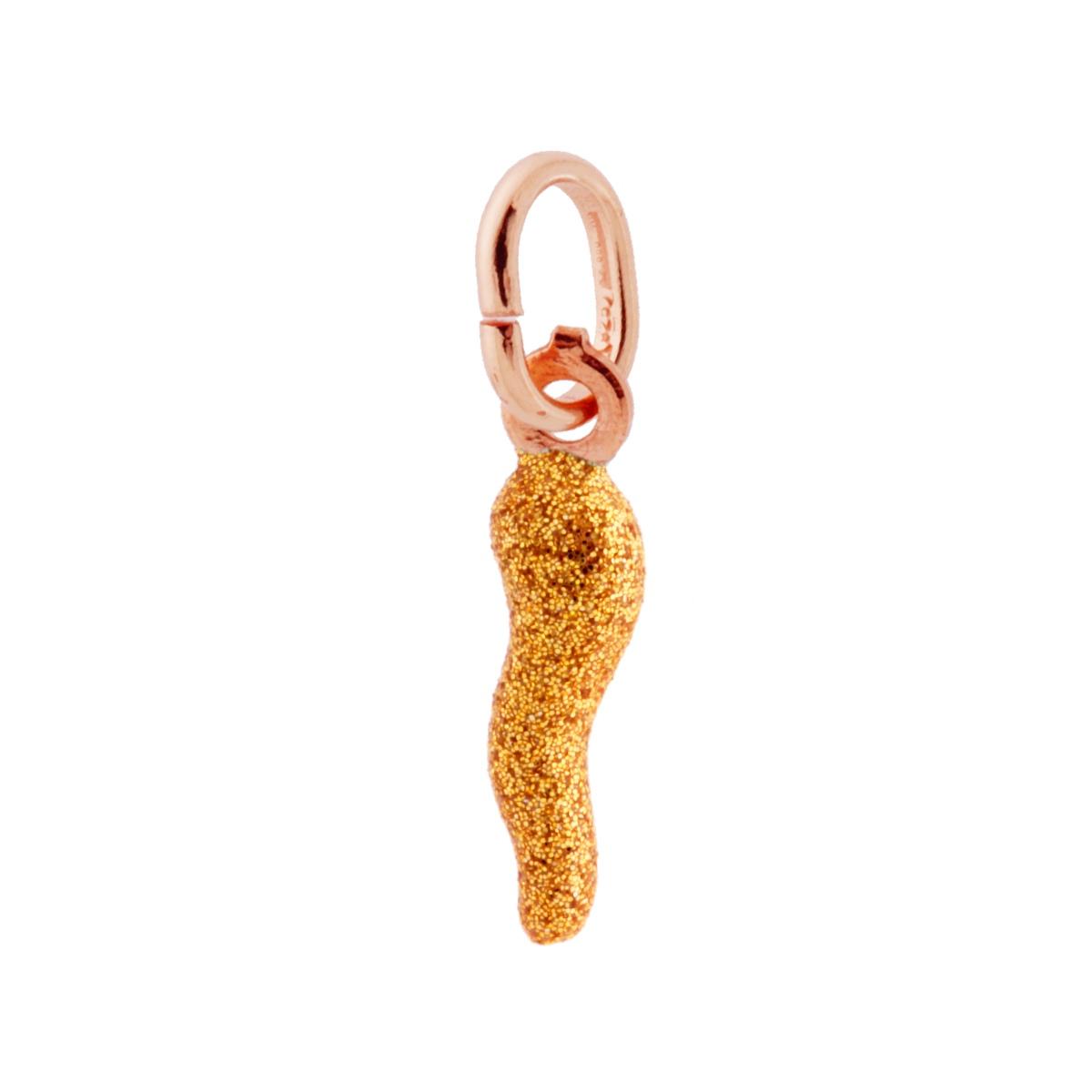 Ciondolo Portafortuna Corno mm 18 con Smalto Oro glitter in ARGENTO 925 Galvanica Rosa