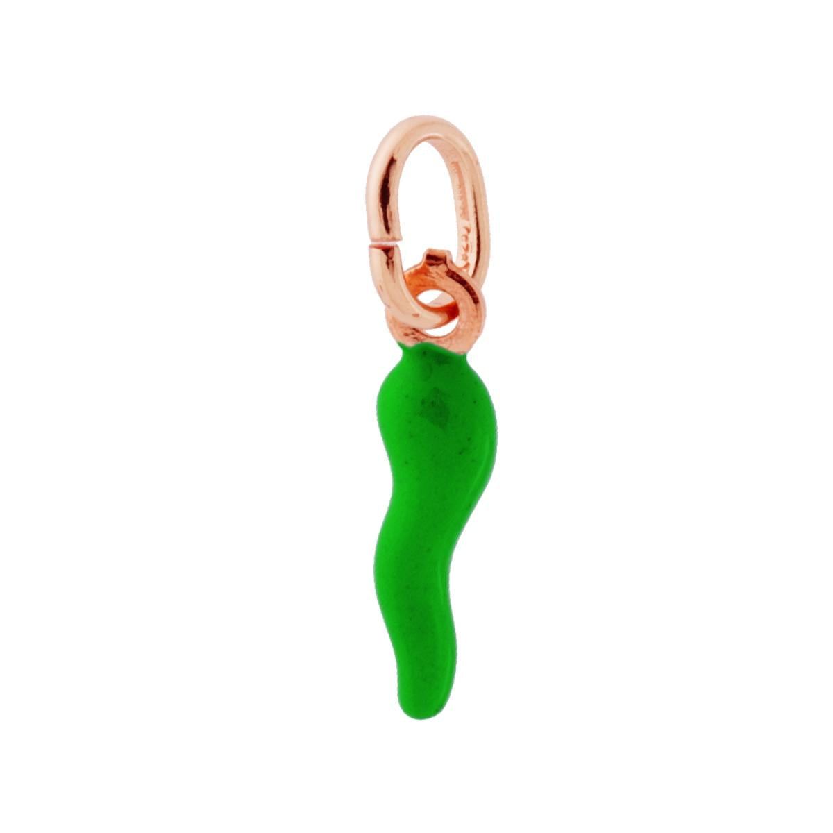 Ciondolo Portafortuna Corno mm 18 con Smalto Verde in ARGENTO 925 Galvanica Rosa