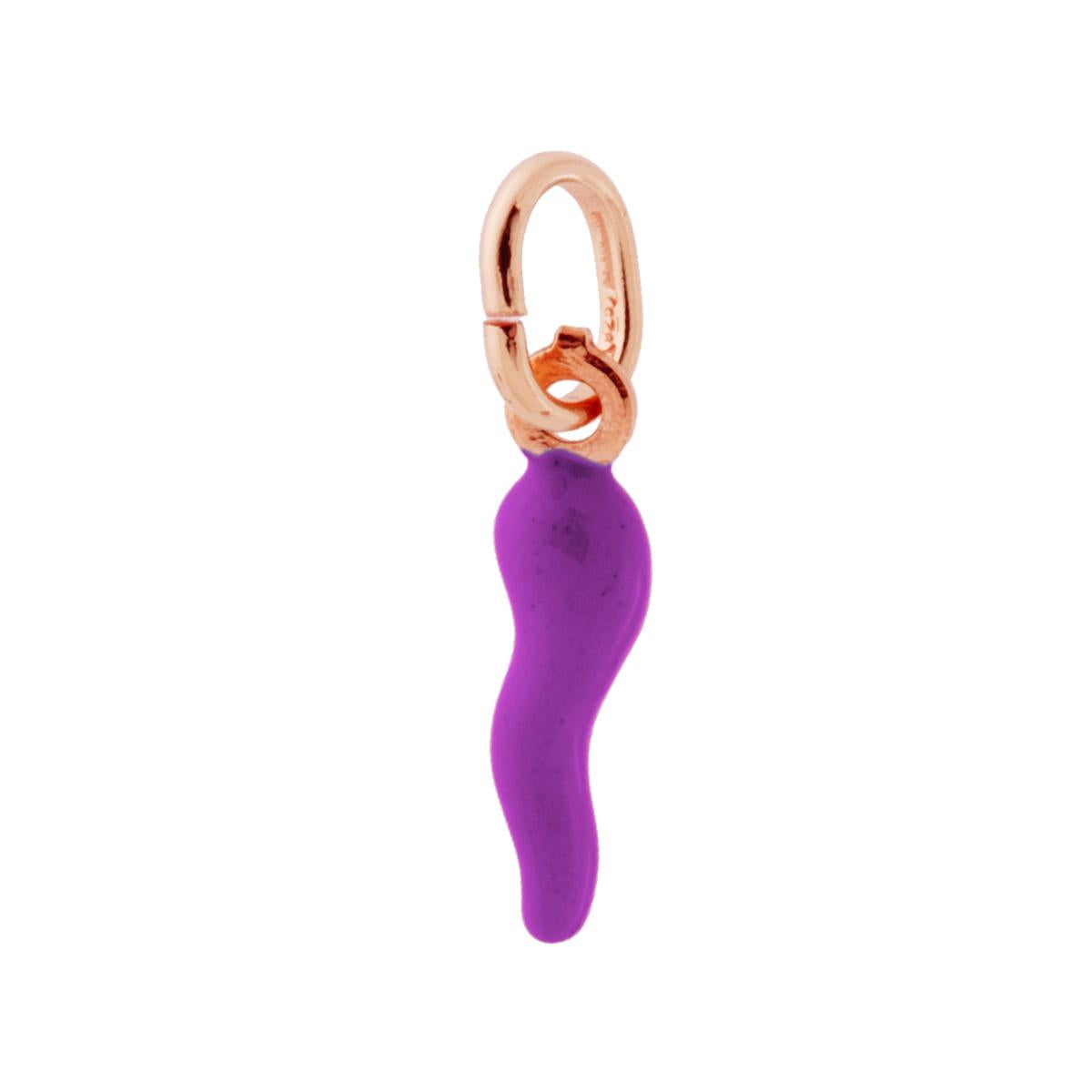 Ciondolo Portafortuna Corno mm 18 con Smalto Viola in ARGENTO 925 Galvanica Rosa