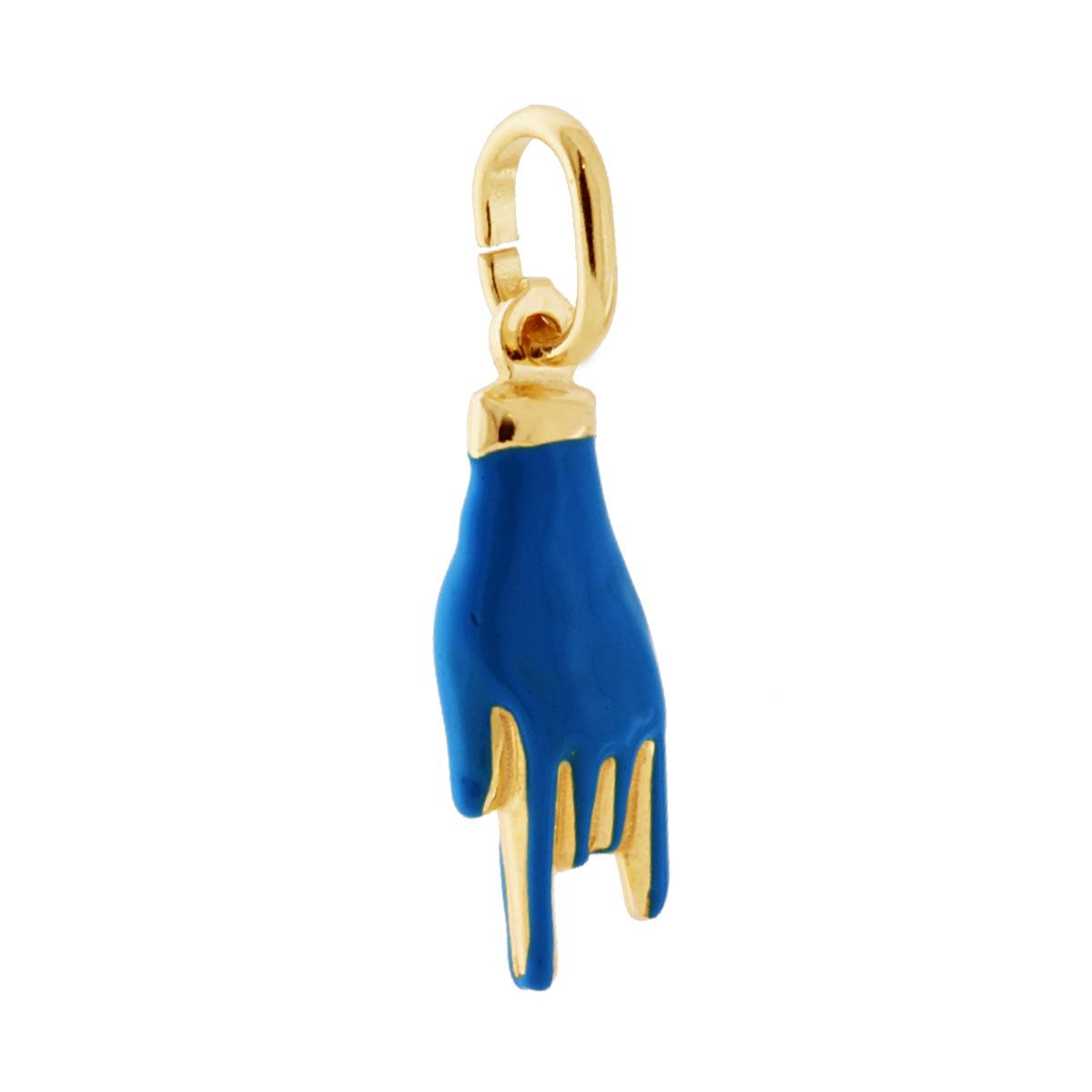 Ciondolo Portafortuna Mano Corna con Smalto Blu in ARGENTO 925 Galvanica Oro