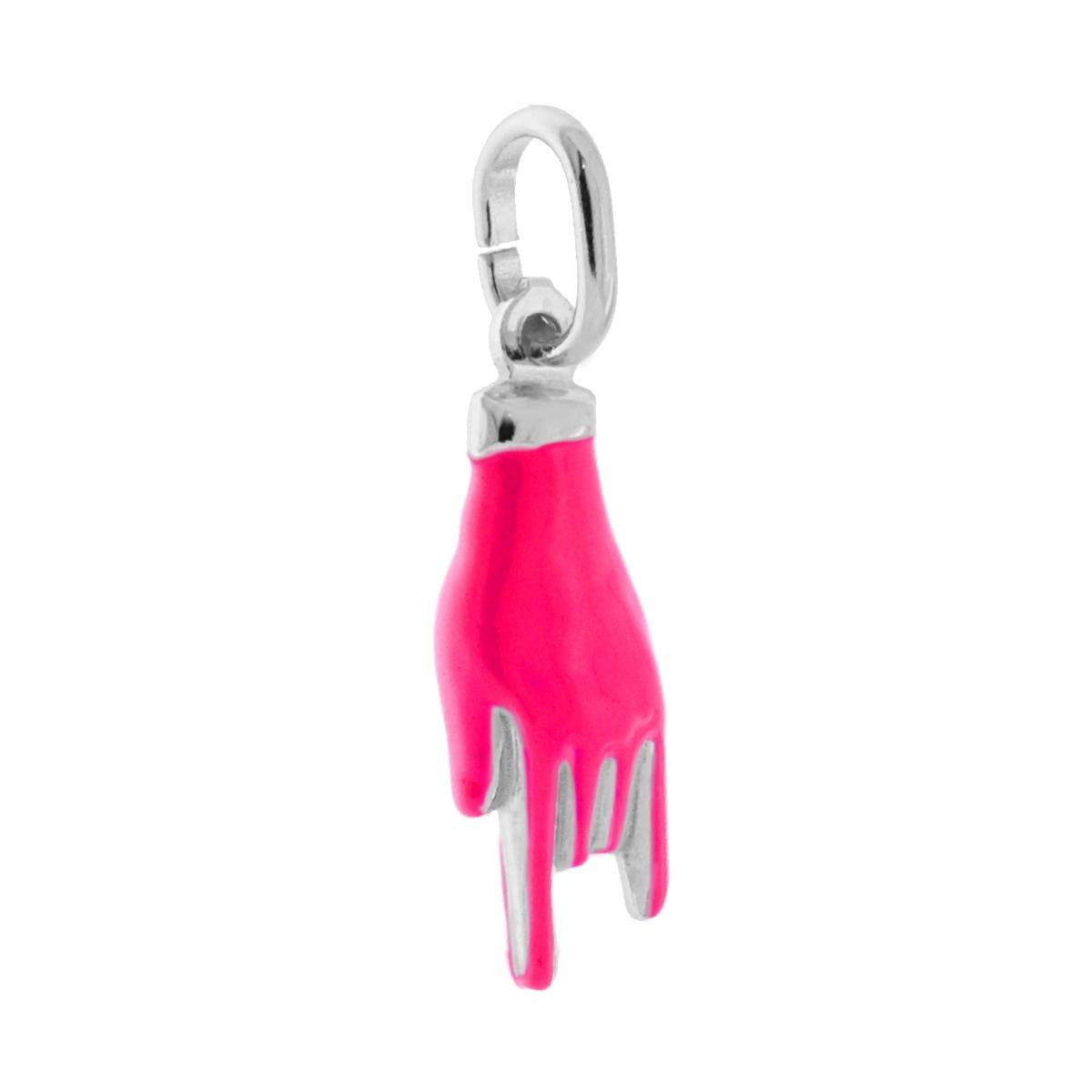 Ciondolo Portafortuna Mano Corna con Smalto Rosa Shock Fluo in ARGENTO 925 Galvanica Rodio