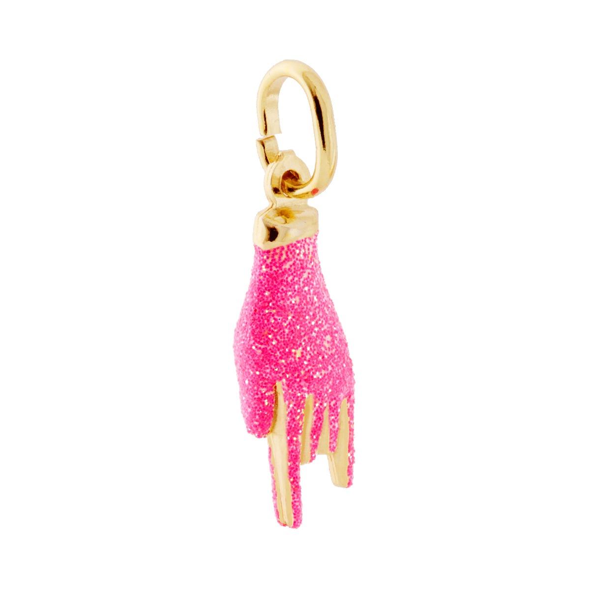 Ciondolo Portafortuna Mano Corna con Smalto Rosa Glitter in ARGENTO 925 Galvanica Oro