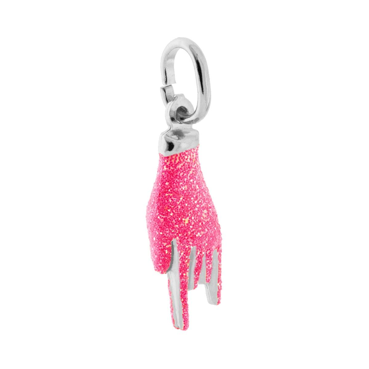 Ciondolo Portafortuna Mano Corna con Smalto Rosa Glitter in ARGENTO 925 Galvanica Rodio
