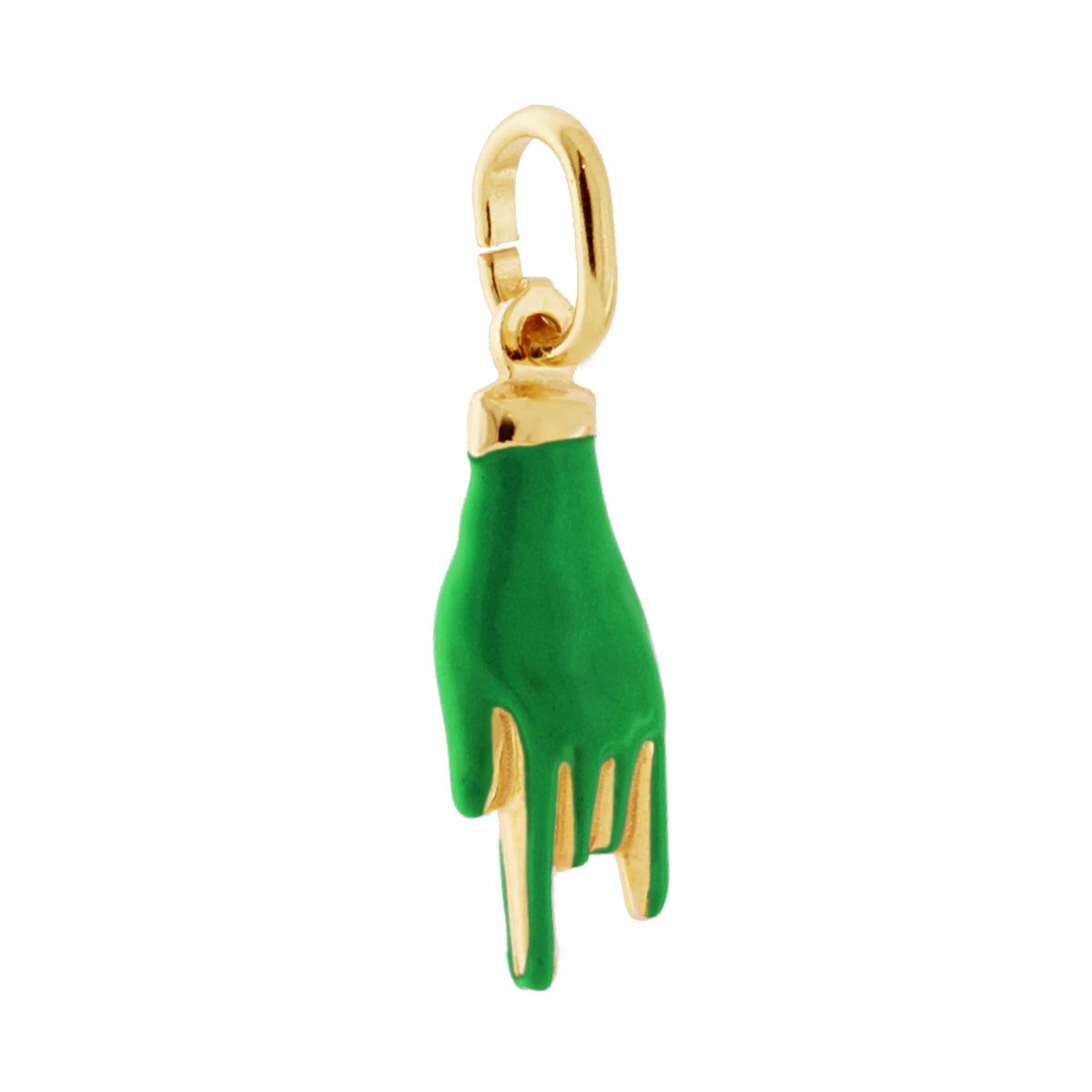 Ciondolo Portafortuna Mano Corna con Smalto Verde in ARGENTO 925 Galvanica Oro