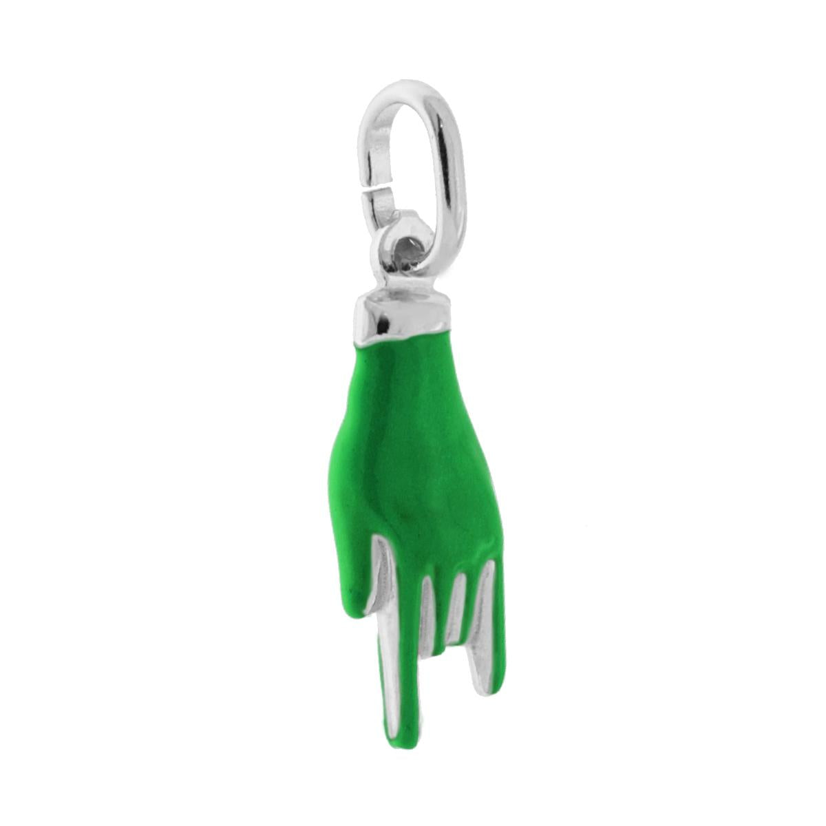 Ciondolo Portafortuna Mano Corna con Smalto Verde in ARGENTO 925 Galvanica Rodio