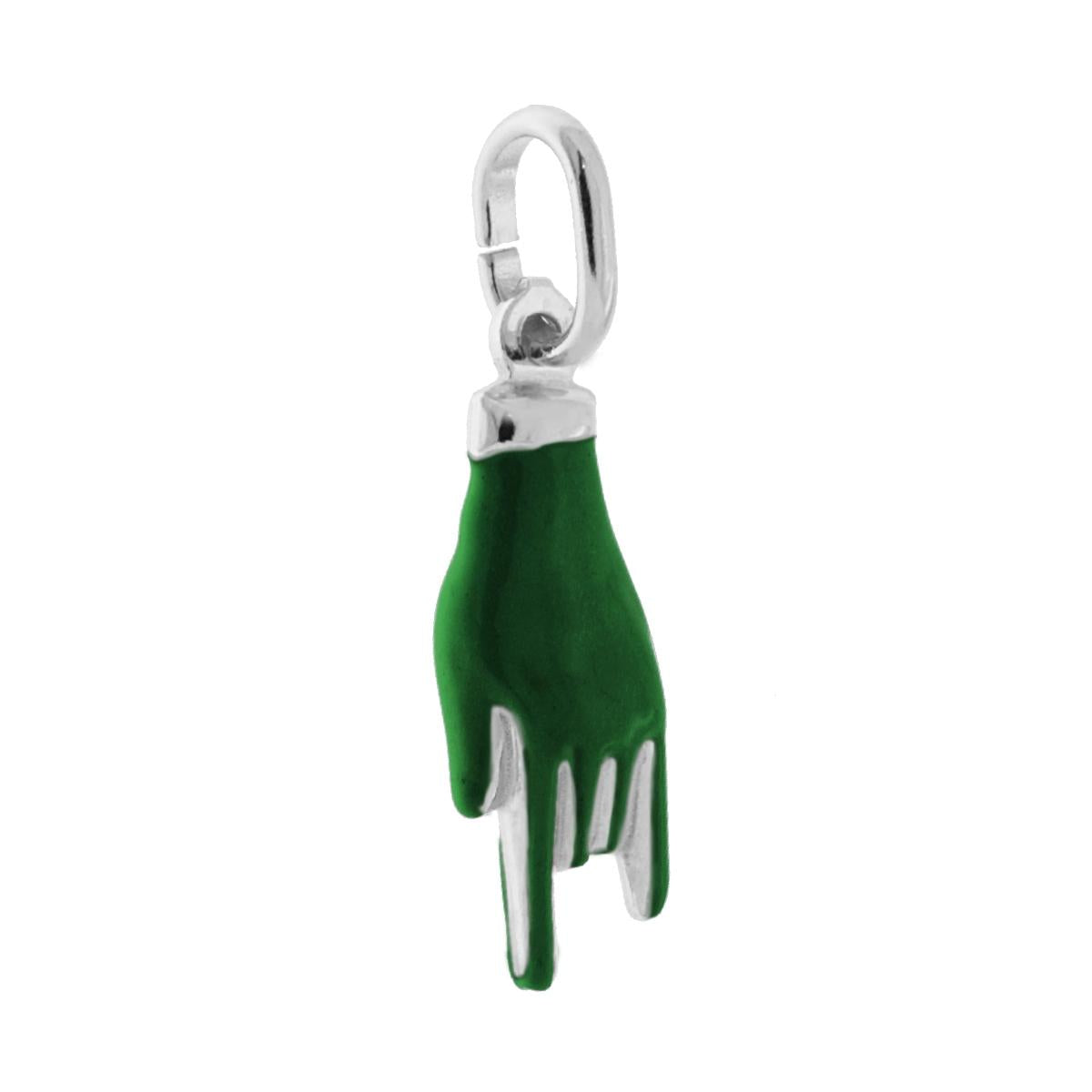 Ciondolo Portafortuna Mano Corna con Smalto Verde Scuro in ARGENTO 925 Galvanica Rodio