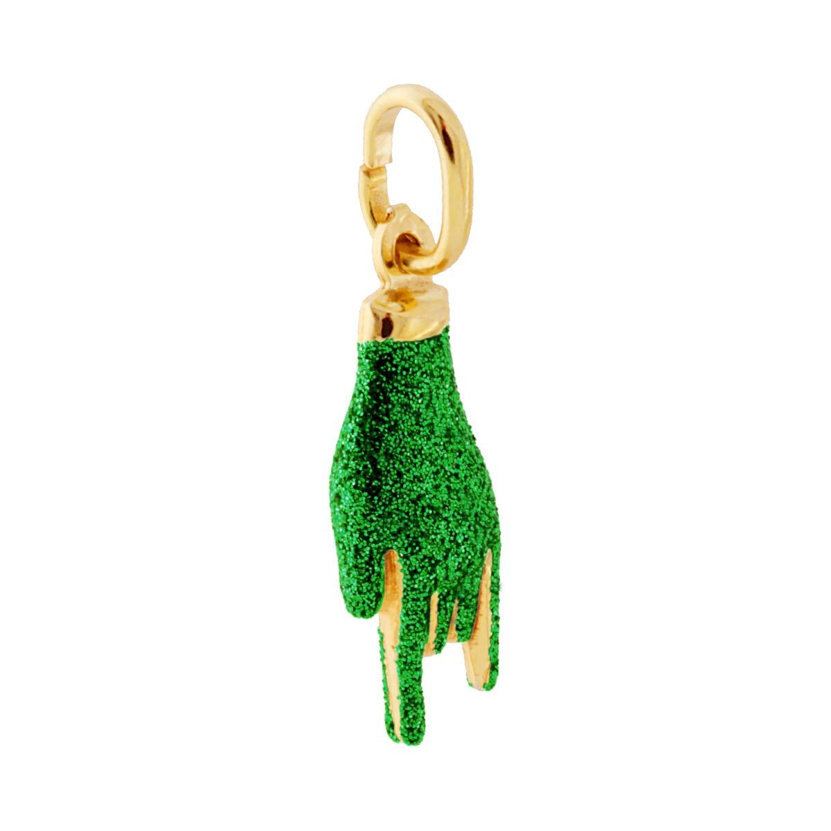 Ciondolo Portafortuna Mano Corna con Smalto Verde glitter in ARGENTO 925 Galvanica Oro