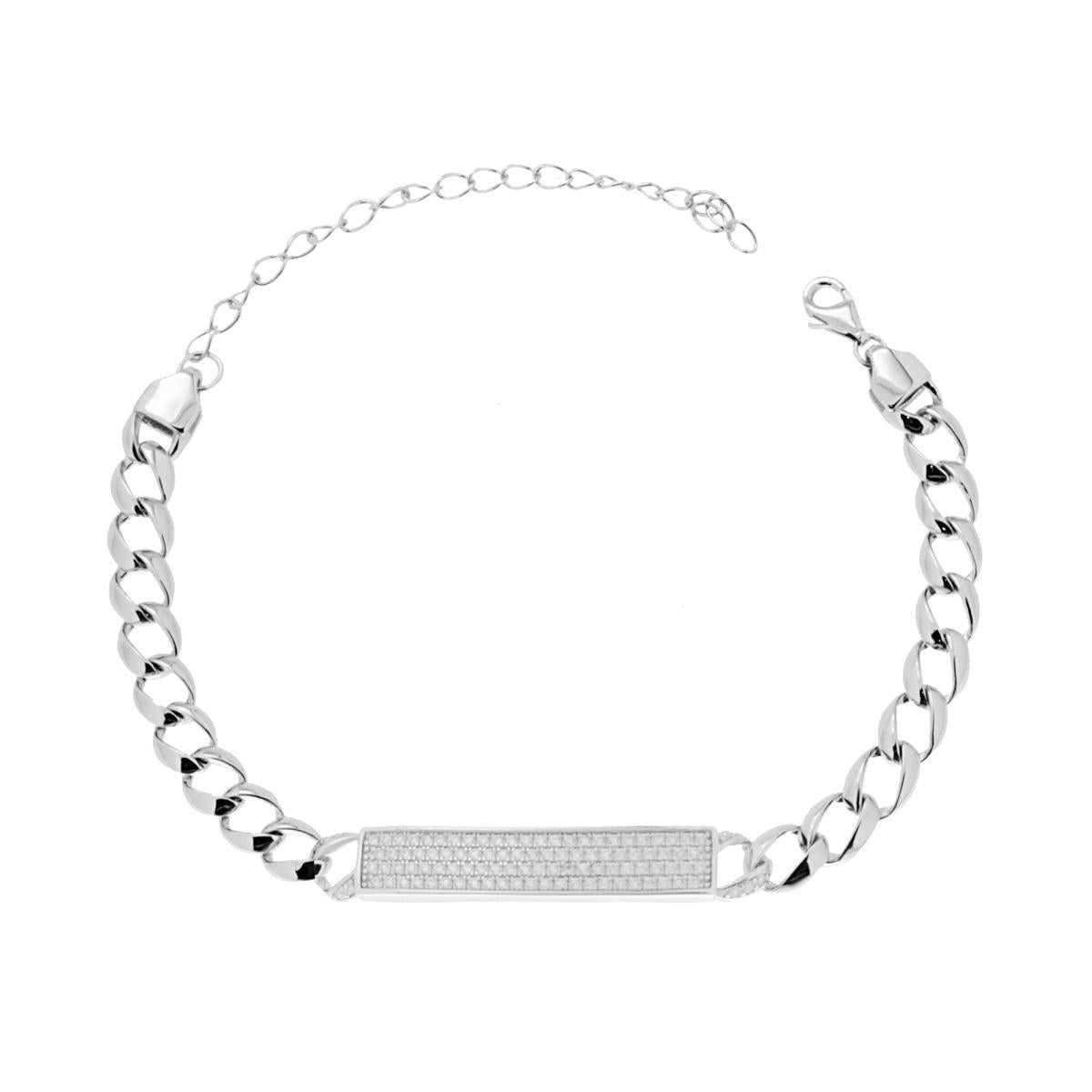 Bracciale Catena Grumetta con Targa e Zirconi Bianchi cm 15+6 in ARGENTO 925 Galvanica Rodio