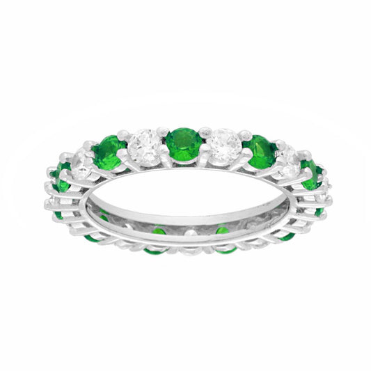 Anello Eternity Veretta a giro con Cubic Zirconia alternati Bianchi e Verde Smeraldo in ARGENTO 925 Galvanica Rodio