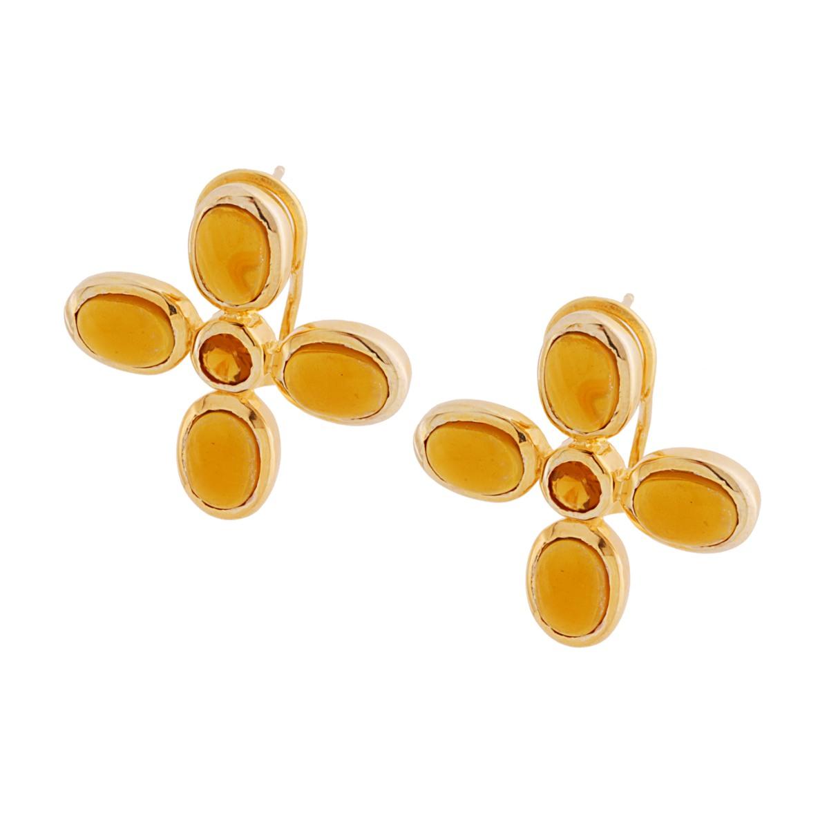 Orecchini Fiore con Pietre Naturali Ovali Ambra in ARGENTO 925 Galvanica Oro