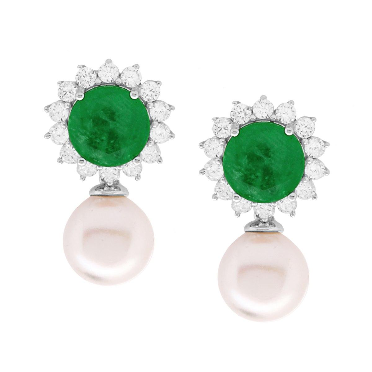 Orecchini Tondi con Pietre Naturali Verde Smeraldo contornate da Zirconi Bianchi e Perla Naturale Pendente in ARGENTO 925 Galvanica Rodio
