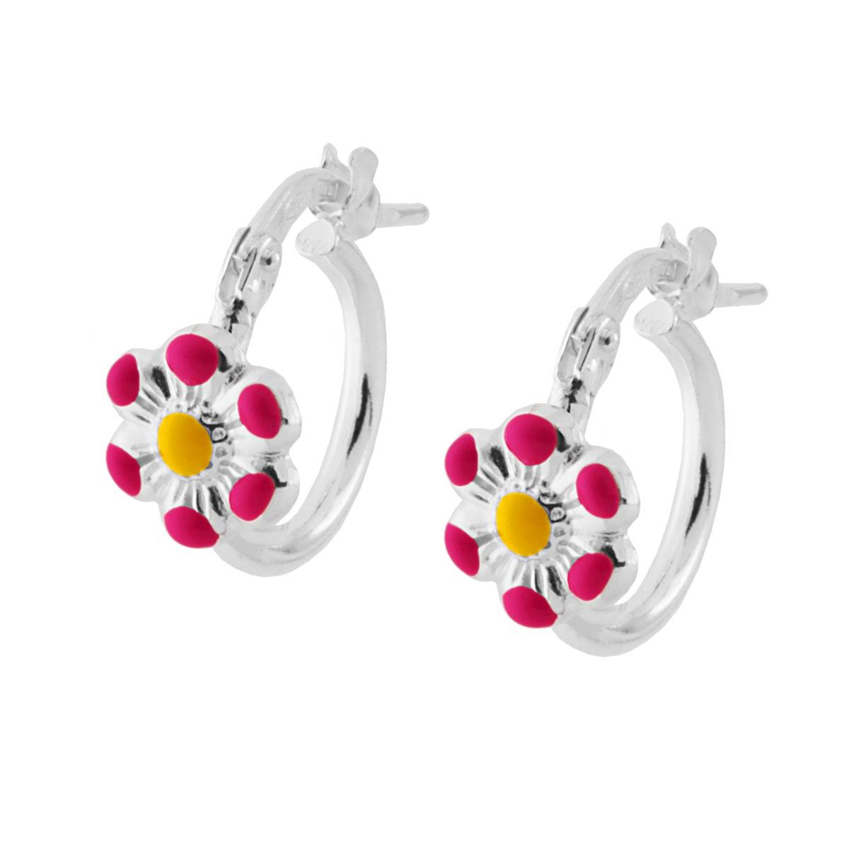 Orecchini Bimba Boccoli Cerchio con Fiore Smalto Fucsia e Giallo in ARGENTO 925