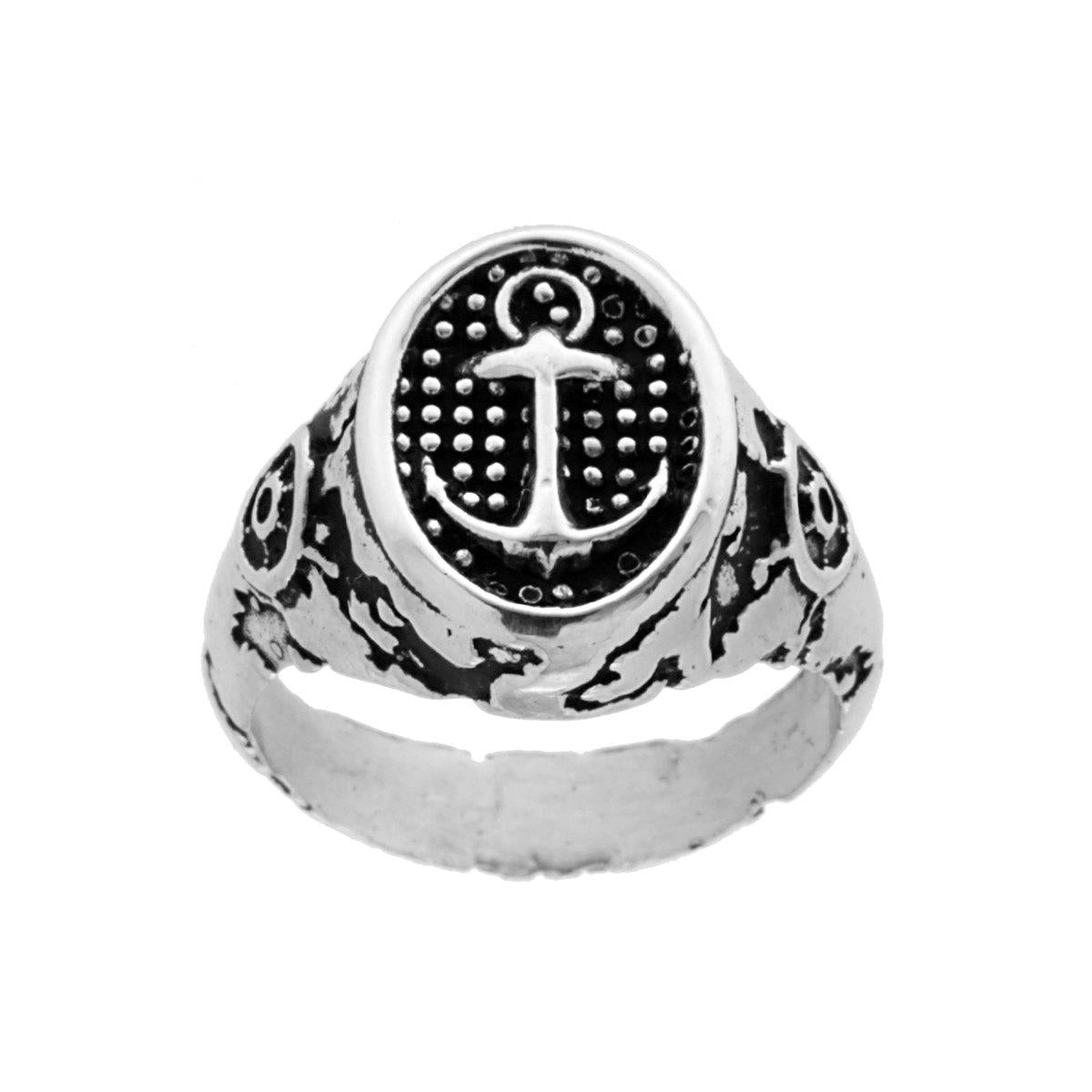 Anello Chevalier Uomo Scudo Ovale con Ancora in ARGENTO 925 Galvanica Rodio Brunito