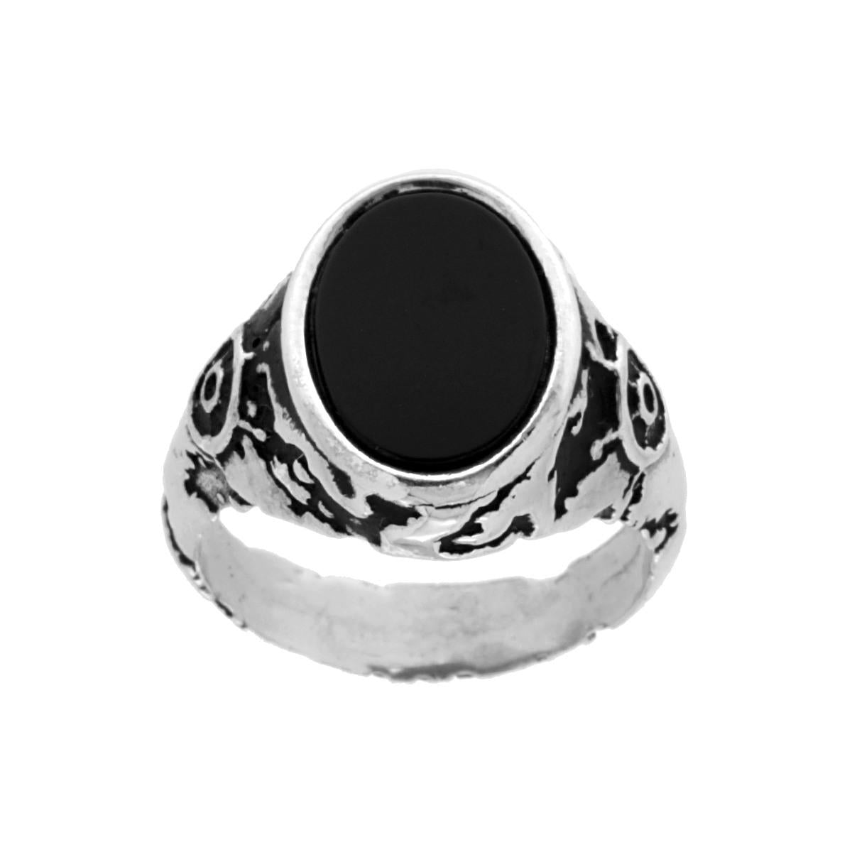 Anello Chevalier Uomo Scudo Ovale con Pietra Onice Nero in ARGENTO 925 Galvanica Rodio Brunito