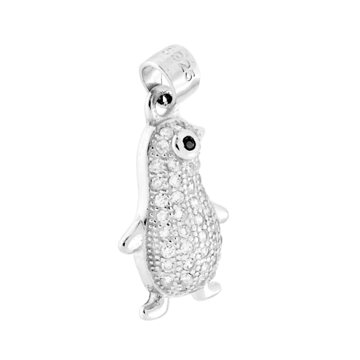 Ciondolo Pinguino con Zirconi Bianchi in ARGENTO 925 Galvanica Rodio