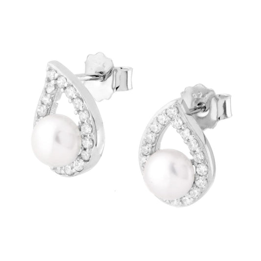 Orecchini Goccia con Perla di fiume e Zirconi Bianchi in ARGENTO 925 Galvanica Rodio