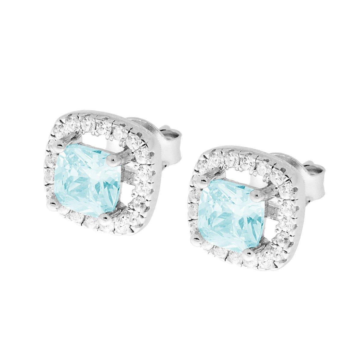 Orecchini Quadrati Zircone Acquamarina contornato da Zirconi Bianchi in ARGENTO 925 Galvanica Rodio