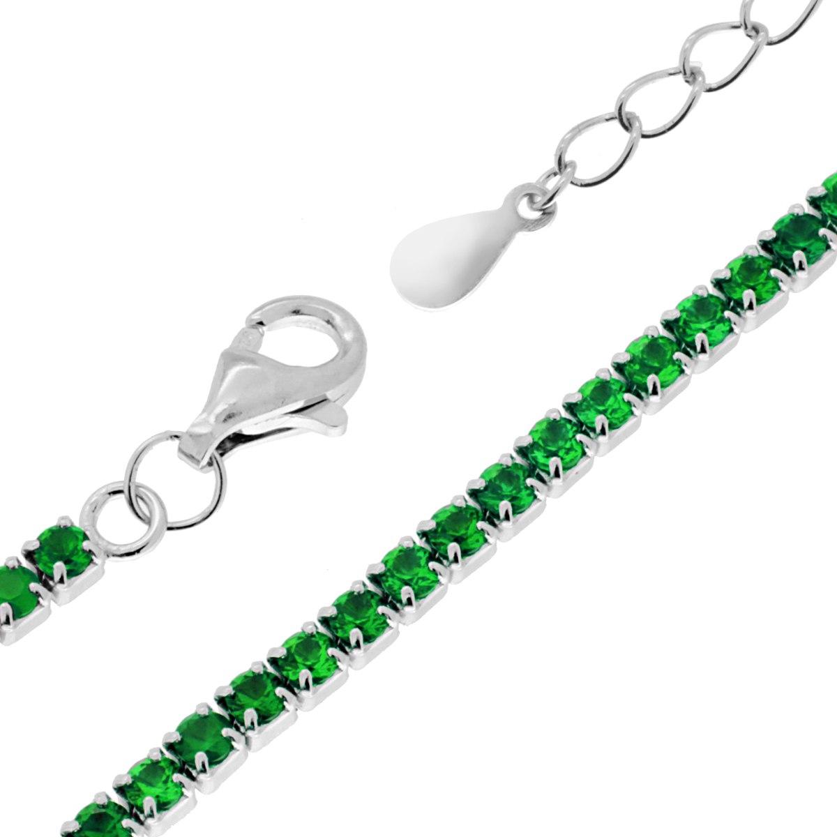 Bracciale Tennis Griffe cm 17+3 con Zirconi mm 2 Verde Smeraldo in ARGENTO 925 Galvanica Rodio