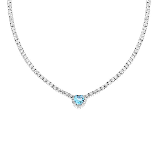 Collana Tennis Griffe cm 40+5 con Zirconi Bianchi con Zircone Cuore centrale Acquamarina contornato da Zirconi Bianchi in ARGENTO 925 Galvanica Rodio
