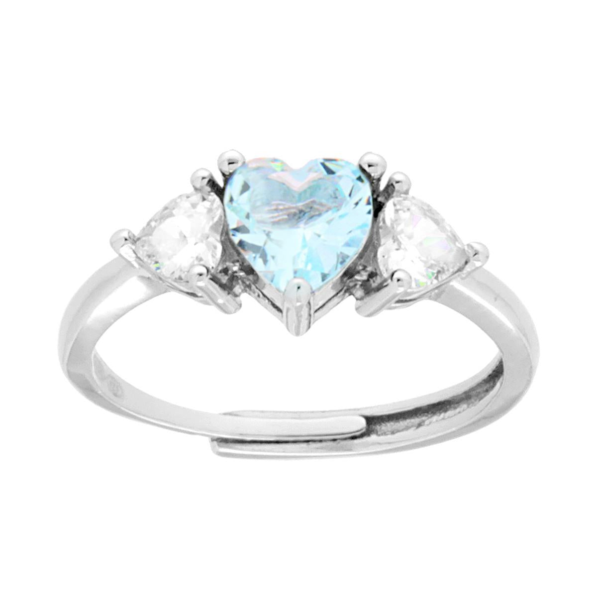 Anello Trilogy Cuore Cubic Zirconia Acquamarina con Cuori Bianchi in ARGENTO 925 Galvanica Rodio