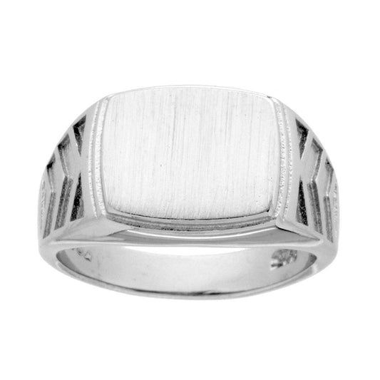 Anello Chevalier con Scudo Rettangolare Plain Satinato Decoro Geometrico in ARGENTO 925 Galvanica Rodio