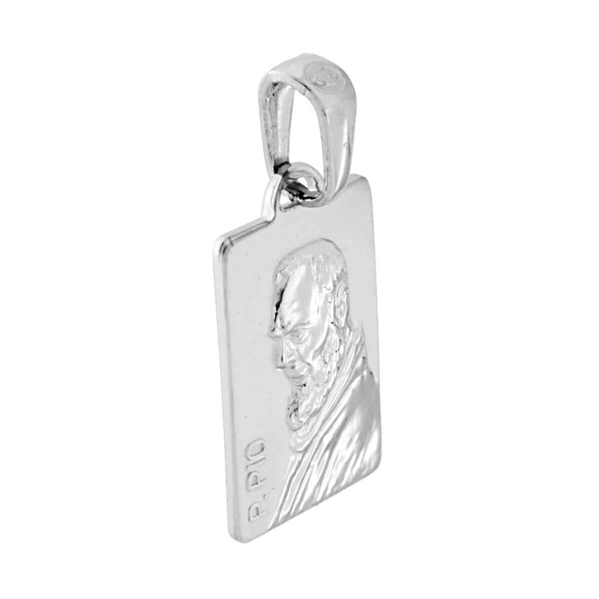 Ciondolo Medaglia Rettangolare con Padre Pio in ARGENTO 925 Galvanica Rodio