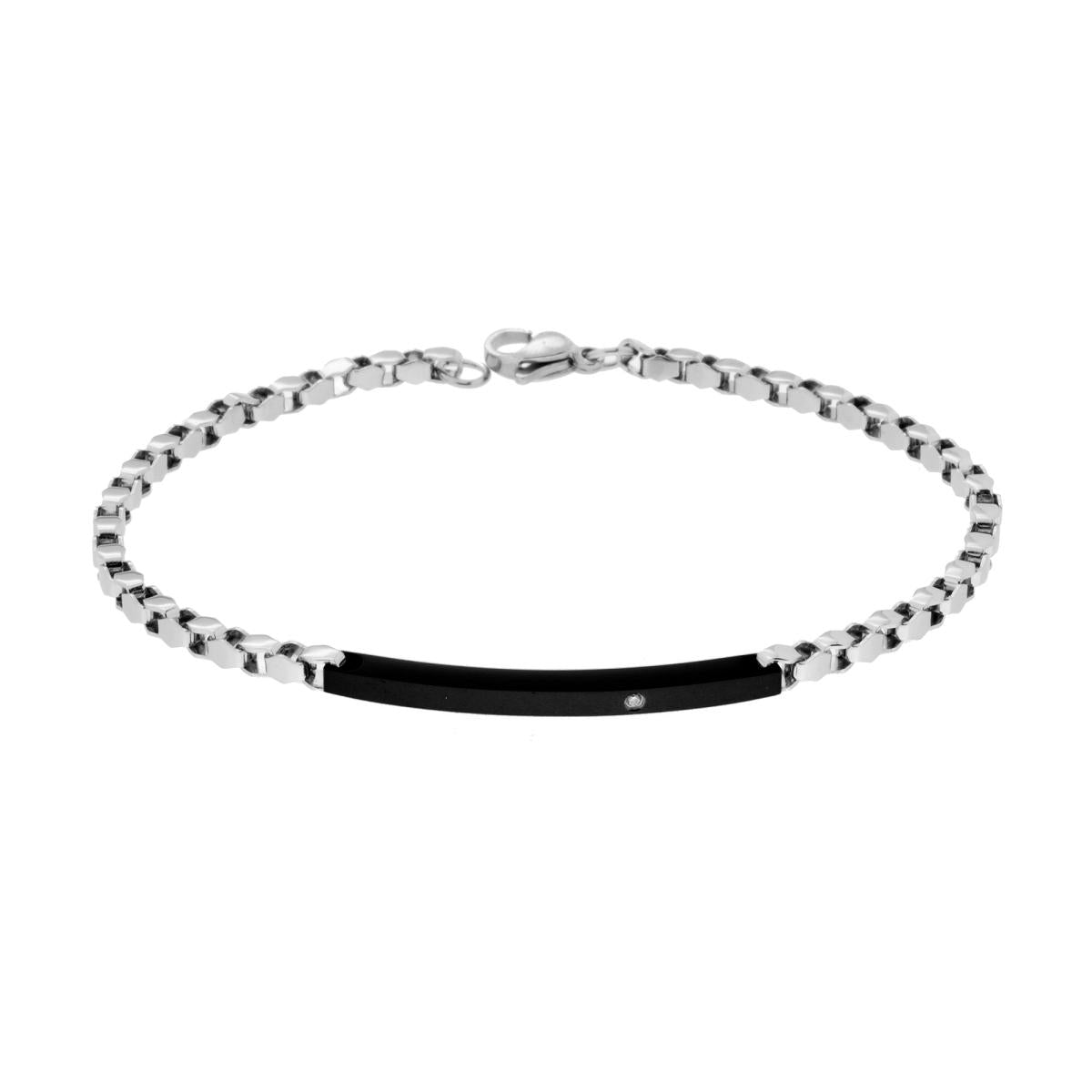 Bracciale Uomo Catena Veneziana Diamantata con Targa laccata Nera e Crystal Bianco in ACCIAIO