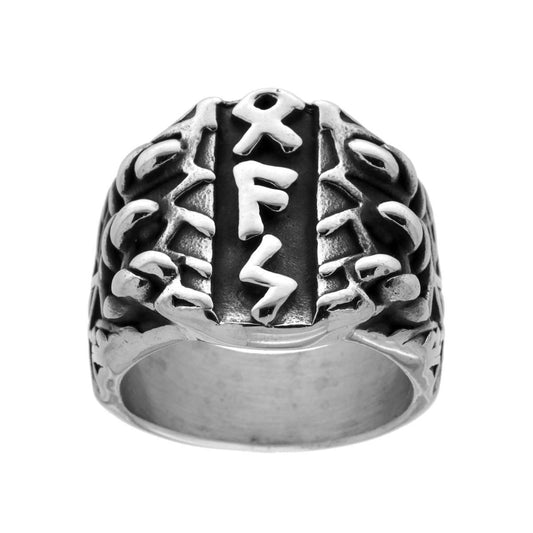 Anello Uomo Chevalier con Decoro Simboli Antichi in ACCIAIO Brunito
