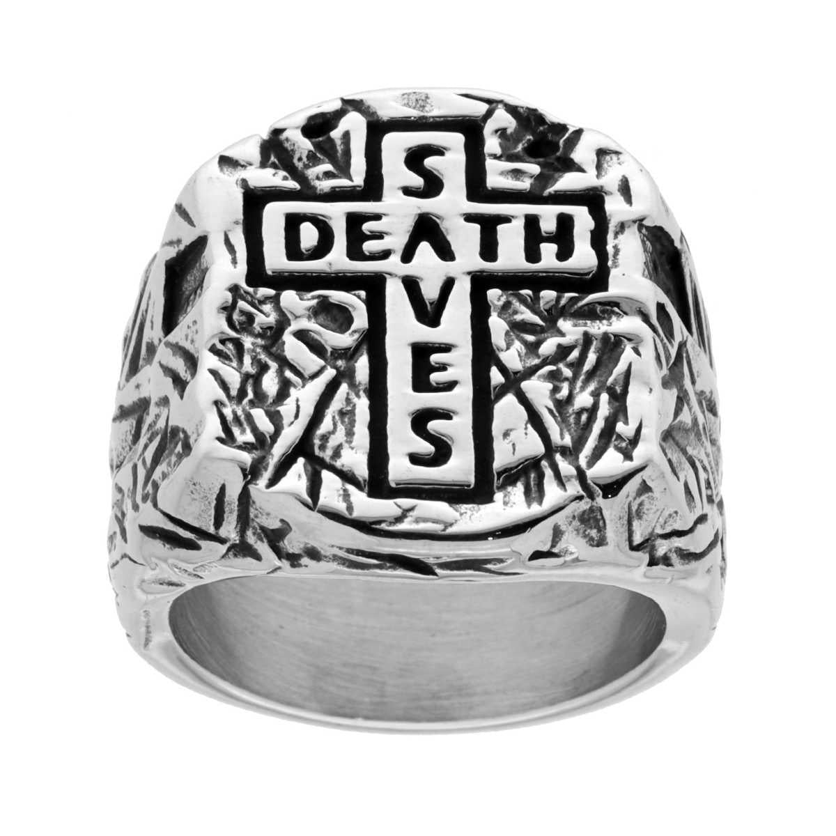 Anello Uomo Chevalier con Croce e scritta SAVES DEATH in ACCIAIO Brunito