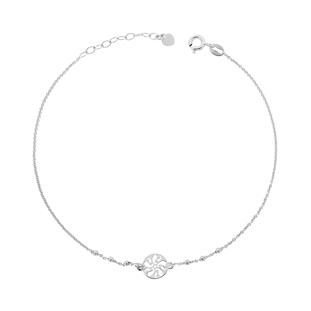 Cavigliera Catena Rolo Diamantata con Palline lisce e Sole in ARGENTO 925 Galvanica Rodio