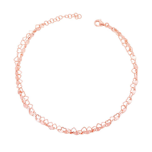 Cavigliera due fili Catena Traversino e Cuori in ARGENTO 925 Galvanica Rosa