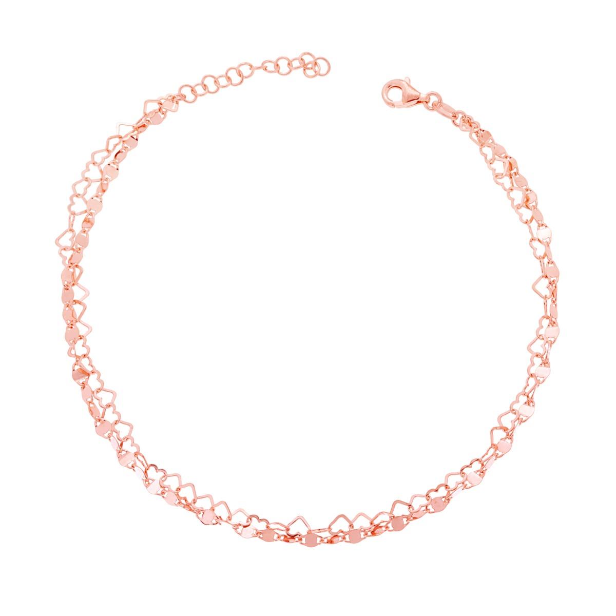 Cavigliera due fili Catena Traversino e Cuori in ARGENTO 925 Galvanica Rosa