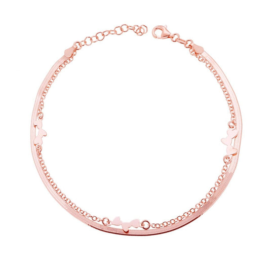 Cavigliera due fili Catena Forzatina e Magik con Cuori ARGENTO 925 Galvanica Rosa