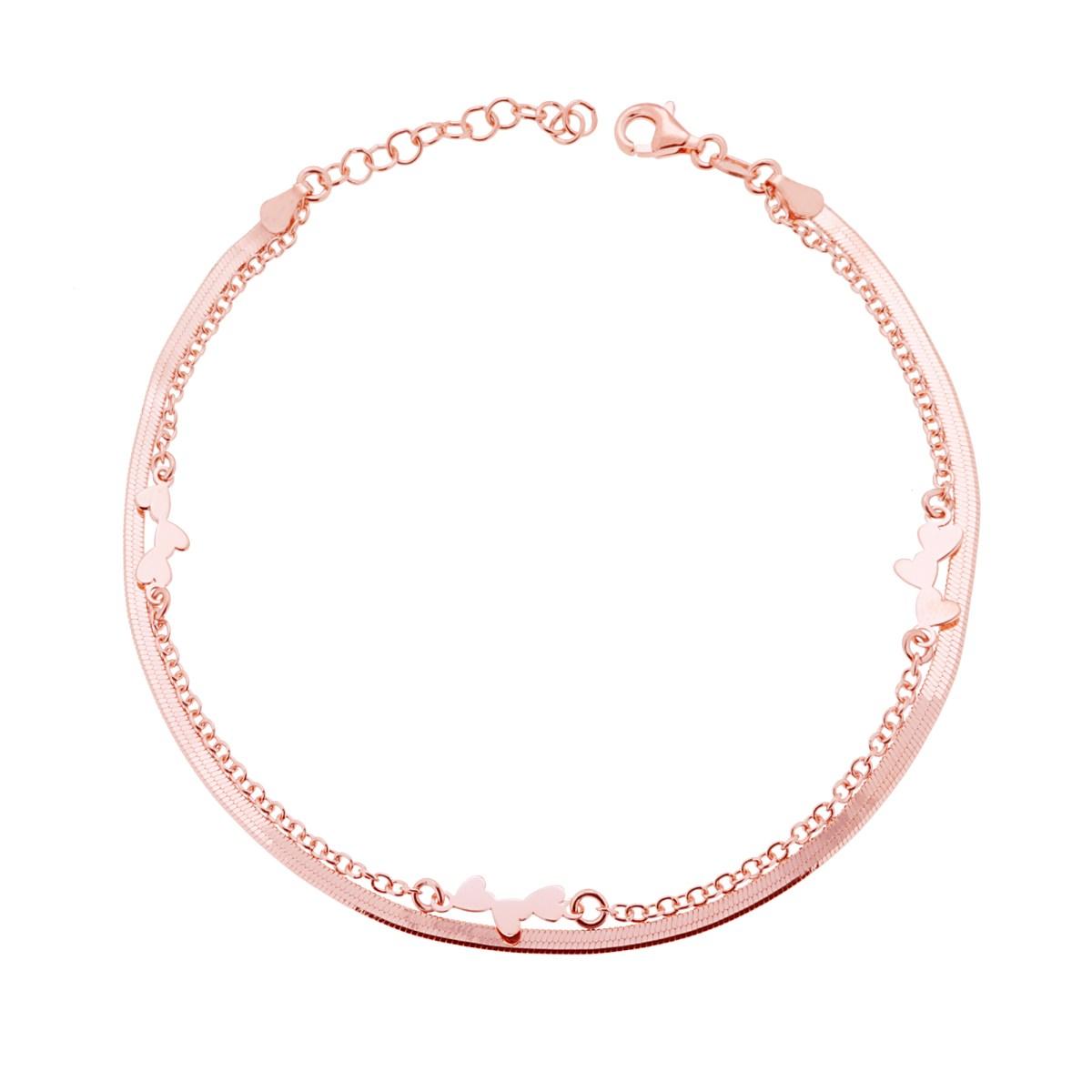 Cavigliera due fili Catena Forzatina e Magik con Cuori ARGENTO 925 Galvanica Rosa