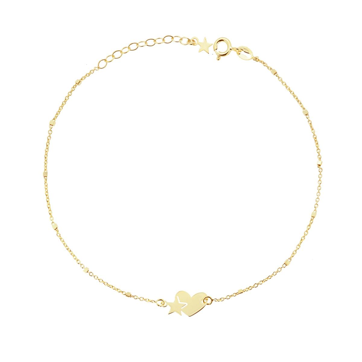 Cavigliera Catena Forzatina e Cubetti a specchio con Cuori e Stelle plain in ARGENTO 925 Galvanica Oro