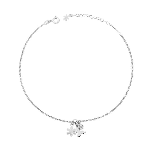 Cavigliera Catena Grumetta con Farfalla Fiore plain e Zircone Bianco pendenti in ARGENTO 925 Galvanica Rodio