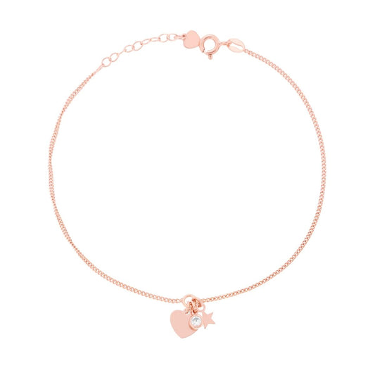 Cavigliera Catena Grumetta con Cuore Stella plain e Zircone Bianco pendenti in ARGENTO 925 Galvanica Rosa