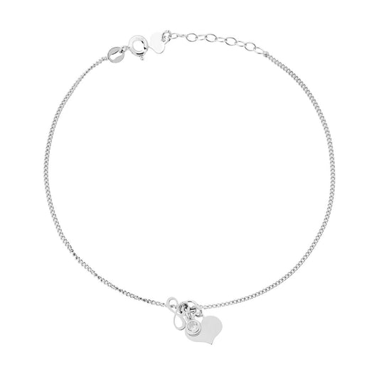 Cavigliera Catena Grumetta con Cuore Infinito plain e Zircone Bianco pendenti in ARGENTO 925 Galvanica Rodio