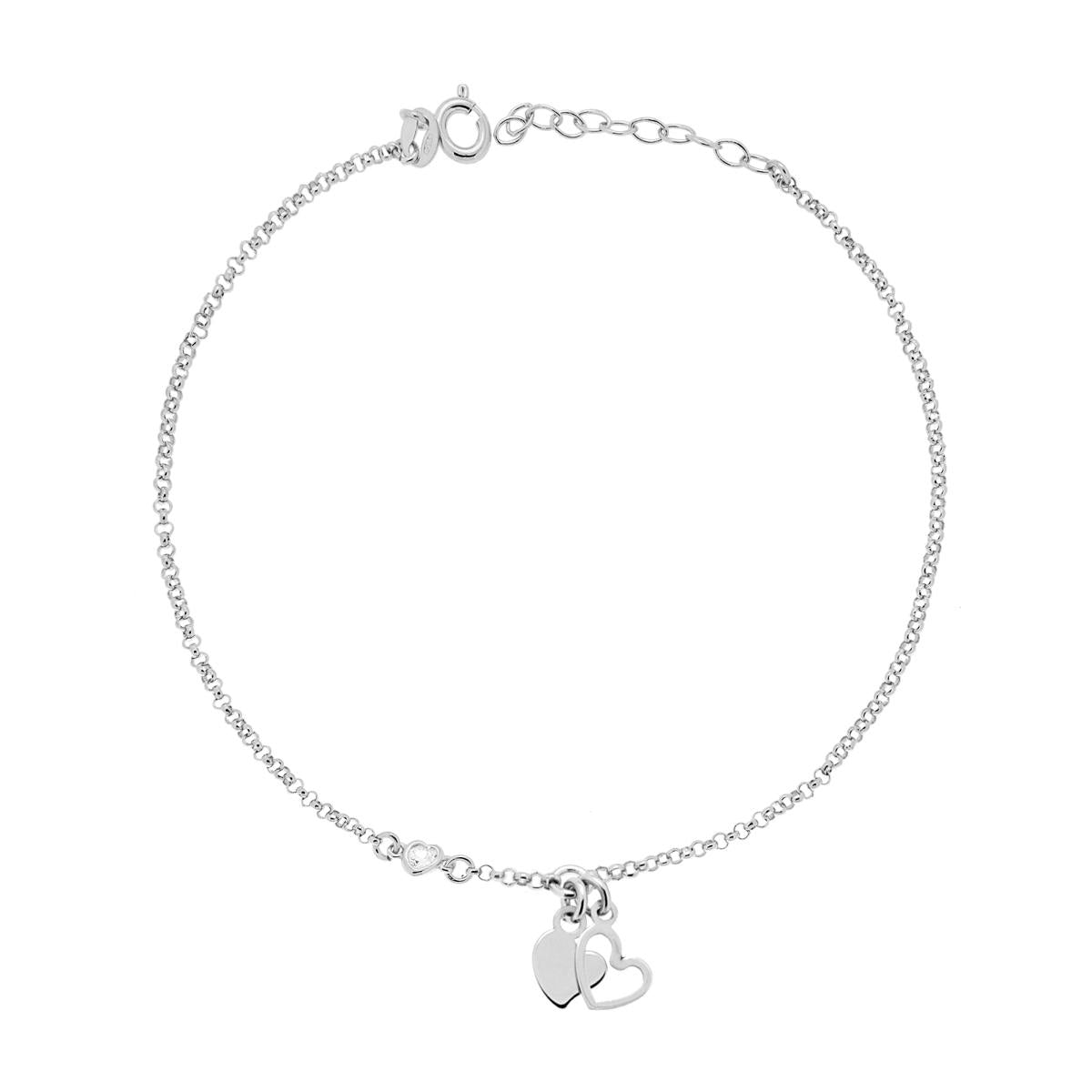 Cavigliera Catena Rolo Diamantata con Cuori e Zircone a Cuore Bianco in ARGENTO 925 Galvanica Rodio