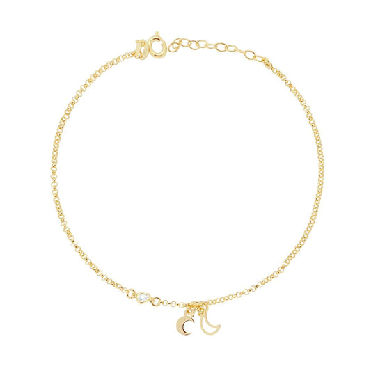 Cavigliera Catena Rolo Diamantata con Lune e Zircone a Cuore Bianco in ARGENTO 925 Galvanica Oro